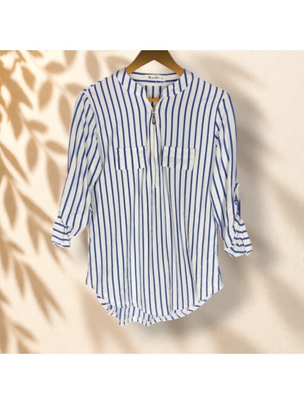 Moyabo Blouse Women M Medium White Striped 3/4 Sleeve Pockets Zipper Casual